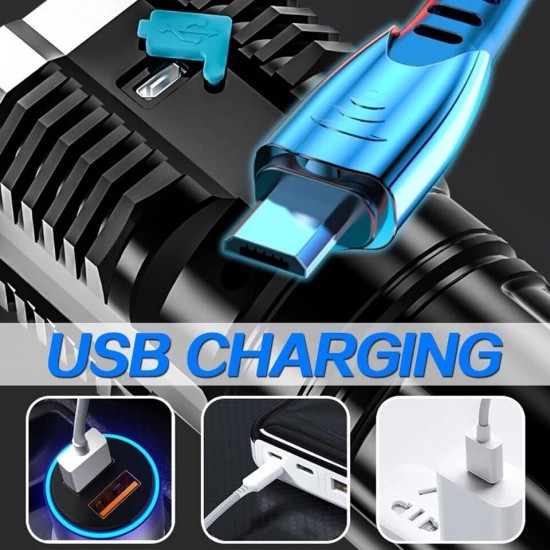 Emergency Torch Rechargeable Multifunctional Portable LED Flashlight Torch Long Distance Beam Range with 4 Lighting Modes and COB Light for Outdoor, Indoor, Hiking, Walking, Camping