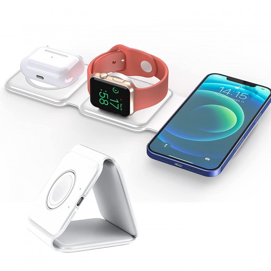 Wireless Charger 3 In 1,Talabat Magnetic Travel Wireless Charging Station Multiple Devices, Compatible For I-Phone 14/13/12/Pro/Max, iwatch, Airpods 3/2/Pro, White